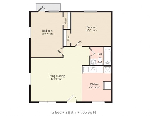 Floor plan for 2 beds, 1 bath, 700 sqft